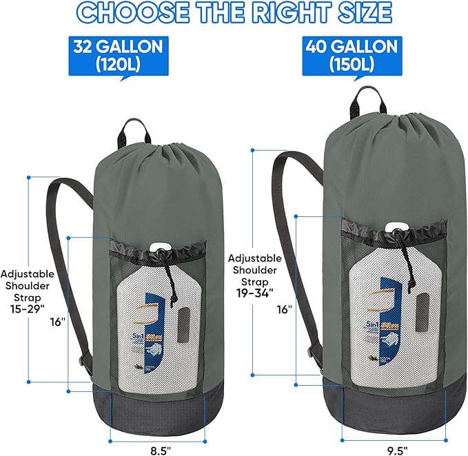 BALEINE 150L Laundry Bag Backpack, 900D Oxford Fabric Large Travel Laundry Bags with Shoulder Straps and 2 Mesh Pockets for College Dorm, Apartment, Laundromat (Dark Grey, 150L)