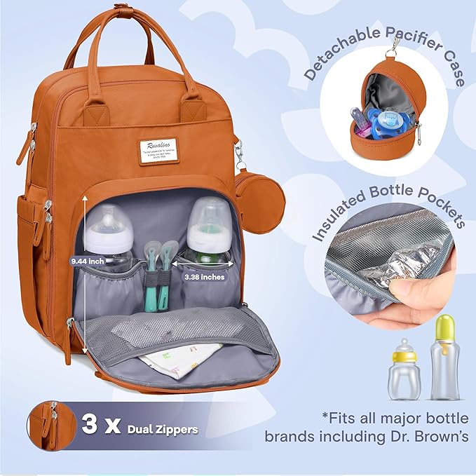 RUVALINO Diaper Bag Backpack-Multifunction Baby Travel Bag with Changing Pad, Insulated Bottle Holders & Pacifier Case, Large Capacity, Waterproof, Maple Orange