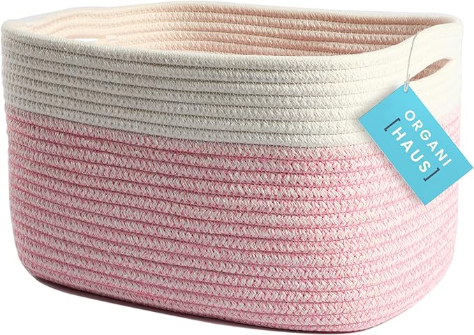 OrganiHaus Pink Basket for Books, Toy Organizers and Storage for Girls, Towel Baskets for Bathroom, Woven Baskets for Storage, Decorative Rope Storage Baskets, Cotton Rope Basket for Storage