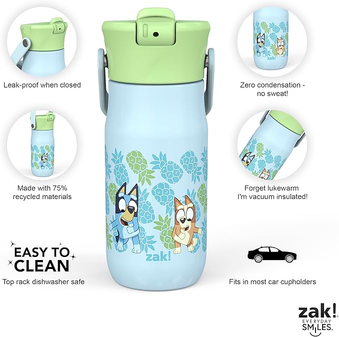 Zak Designs Harmony Bluey Kid Water Bottle for Travel or At Home, 14oz Recycled Stainless Steel is Leak-Proof When Closed and Vacuum Insulated (Bluey, Bingo, Muffin)