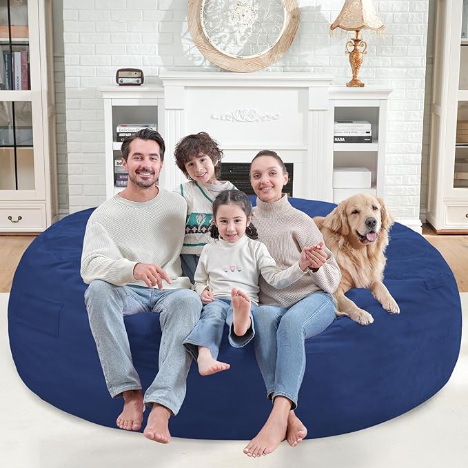 7FT Bean Bag Chair, Large Bean Bag Chairs with Memory Foam Filled, Fluffy Beanbag Sofa with Dutch Velvet Cover, Round BeanBag Chairs for Living Room, Playroom - Blue
