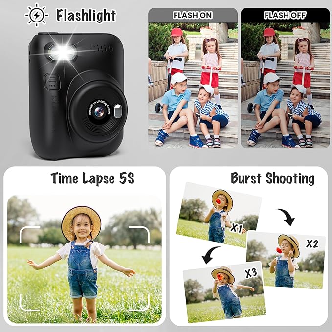 Instant Print Camera for Kids, 3.0" HD 1080P Digital Video Cameras with 3 Rolls of Printer Paper for Toddler, Birthday Gifts Toy for Girls Boys with 32GB SD Card (3.0 Style, Black)
