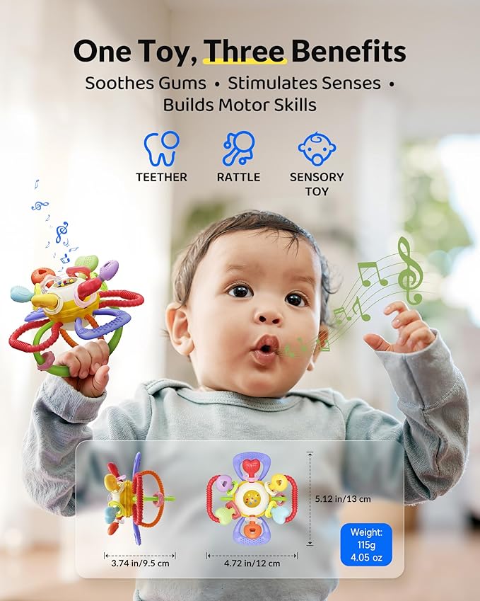Baby Montessori Sensory Teething Toy – Safe, Multi-Functional BPA-Free Silicone Teether Toy for Babies 0-12 Months – Vibrant Rattle for Teething Relief & Fun Play – Perfect Baby Toys for Boys & Girls