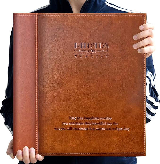 Magnetic Self-Stick Photo Album, Family Album, Leather Cover, Hand Made DIY Albums Holds 3x5, 4x6, 5x7, 6x8,8x10 Photos (Brown, Large)