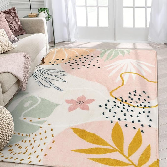 Lahome Pink Carpet for Living Room - 4x6 Area Rug for Bedroom Washable Non-Slip Boho Rug Throw Cute Soft Nursery Kids Rug, Abstract Botanical Print Indoor Rugs for Kitchen Entryway Laundry Dining Room