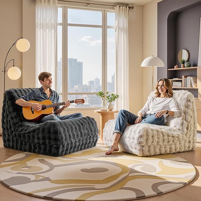 Modern Bean Bag Chair, Large Bean Bag Couch for Adults with Memory Foam Filled, Soft Faux Bunny Fur Lazy Chair for Living Room Bedroom Dorm Apartment, No Assembly Required, Dark Grey