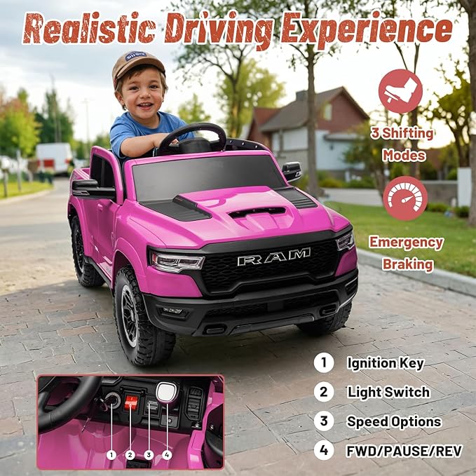 Licensed Ram 1500 Ride on Toys for Kids 4-8, Ride-on Electric Car for Kids with Remote Control, Battery Powered with Car Key/Gear Selector, LED Light/Music/MP3, Back Storage (Pink)