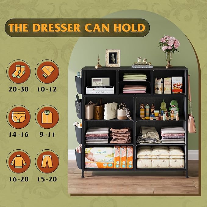 WLIVE Dresser for Bedroom with 10 Drawers, Fabric Dresser Chest of Drawers with Side Pockets and Hooks, Sturdy Metal Frame, Drawers Organizer Unit for Room, Hallway, Charcoal Black Wood Grain Print