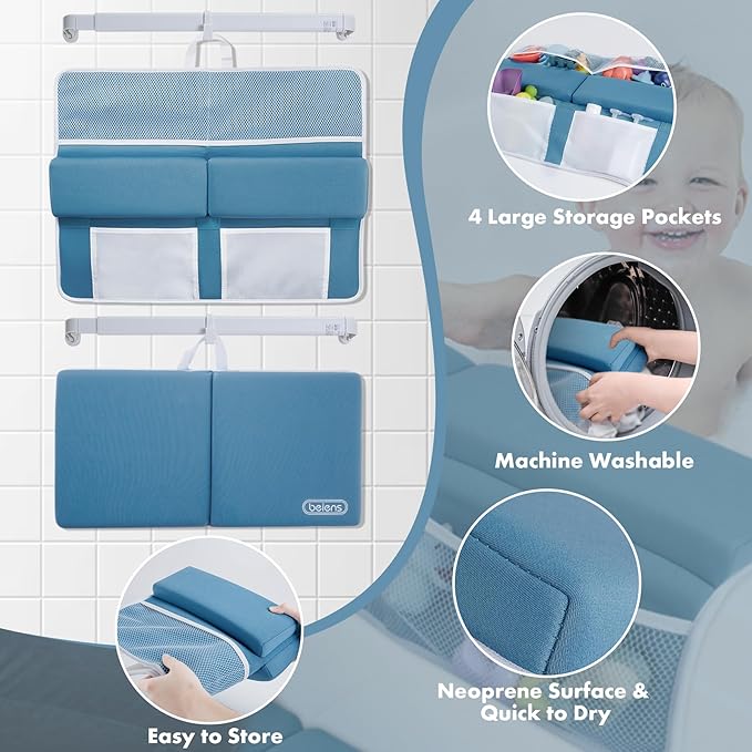 beiens Bath Kneeler and Elbow Rest Pad Set - 1.5'' Comfortable Thick Baby Bath Kneeler Pads, Quick Dry Soft Kneeling Pad for Baby Bath Time, Non-Slip Knee& Arm Support Bathtub Mat with Toys Organizer
