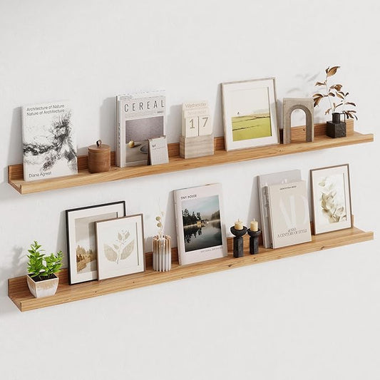 Picture Ledge Shelf, 48 Inch Long Floating Shelves for Wall, Nursery Bookshelf for Storage with Lip, Rustic Elm Wood Photo Ledge Shelves for Bedroom, Living Room, Kitchen (Natural, 48in Set of 2)