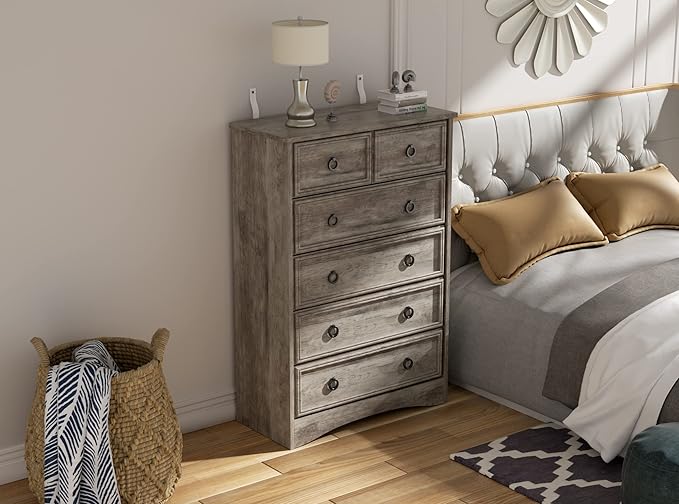 LGHM Modern 6 Drawer Dresser, Dressers for Bedroom, 44.33" Tall Chest of Drawers Closet Organizers & Storage Clothes - Easy Pull Handle, Textured Borders Living Room, Hallway, Gray