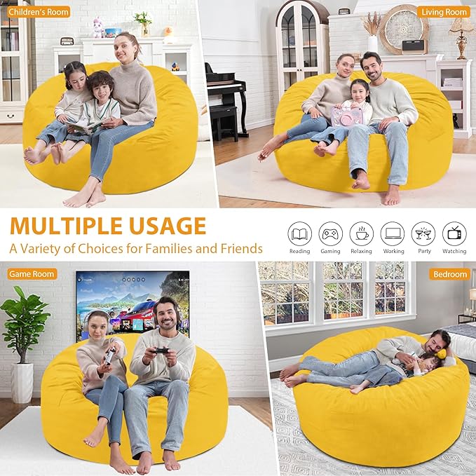 5FT Bean Bag Chair, Large Bean Bag Chairs with Memory Foam Filled, Fluffy Beanbag Sofa with Dutch Velvet Cover, Round BeanBag Chairs for Living Room, Playroom - Lemon