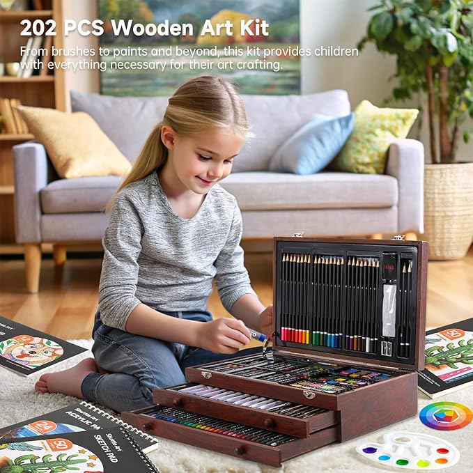 Shuttle Art Deluxe Gift Art Kit, 202-Piece Wooden Art Supplies Set with 4 Drawing Pads, Canvases, Coloring Sheets, Acrylic Paint, Crayons, Oil Pastels, Colored Pencils for Kids