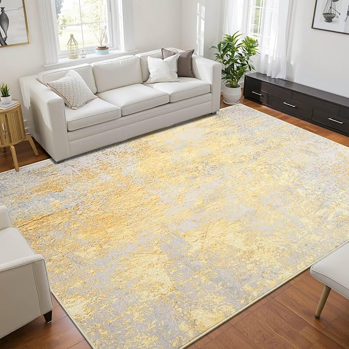 Living Room Rugs 6x9 Gold Washable Area Rug, Abstract Modern Bedroom Rugs Non Slip Stain Resistant Neutral Large Carpet for Nursery, Dining, Kids Playroom, Dining Room, Office