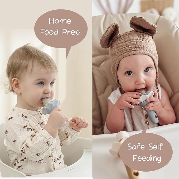 Moonkie Baby Fruit Feeder, BPA Free Silicone Food Feeder for Infant Self Feeding, Mesh Feeder with Two Pouches, Baby Shower Gifts 4 Months+, 2 Pack
