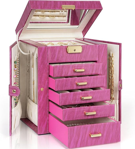 AKOZLIN 6-Tier Jewelry Box Lockable Leather Jewelry Storage Case with 5 Drawers for Women Girls Ring Necklace Earring Bracelet Holder Organizer with Mirror Rose