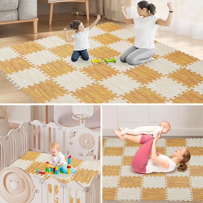 Skyweaver 36 Tiles Soft Non-Toxic Baby Play Mat for Floor EVA Foam Jigsaw Puzzle Play Mat, Interlocking Squares with 0.6inch for Babies, Toddlers & Kids Gym, Nursery, Playroom, Light Brown