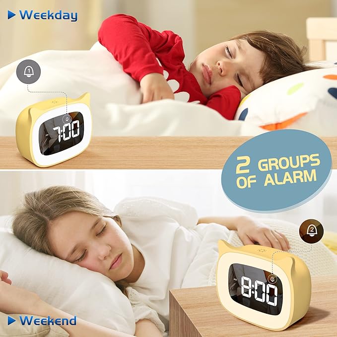 Kids Alarm Clock with Night Light & 18 Ringtones,Rechargeable,Cute Cat Ear Clock for Boys Girls Birthday Presents,Digital Clock for Children's Bedroom(Yellow)