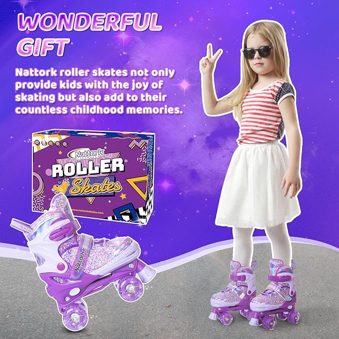 Nattork Kids Roller Skates for Girls Kids, 4 Sizes Adjustable Girls Roller Skates for Ages 3-12 with Light up Wheels & Safety Protection - Cool Birthday Gift for Indoor Outdoor Sports