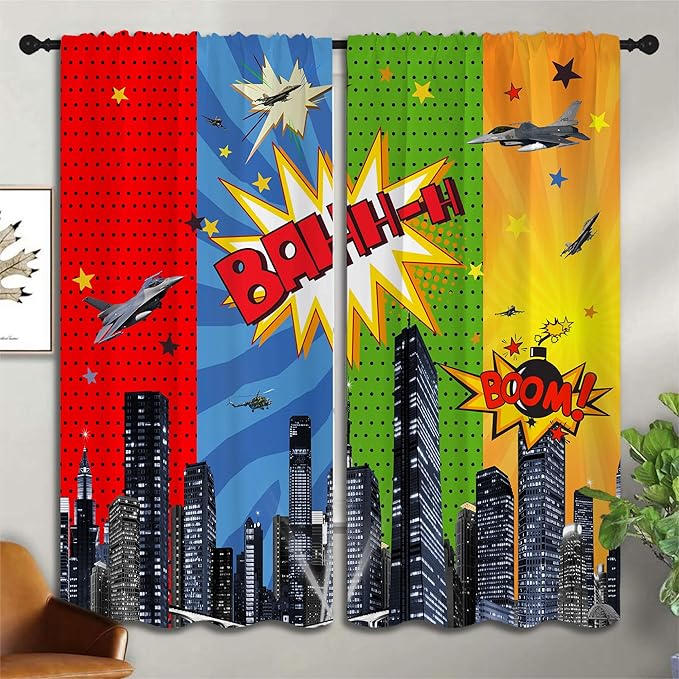 Superhero Rod Pocket Blackout Curtains for Boy Girl Bedroom, City War Explosion Comics Art Home Energy Efficient Light Filtering Window Curtain for Living Room, 63x63 inch