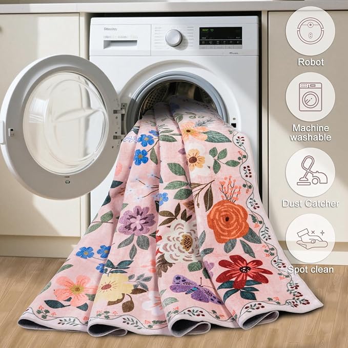 10x12 Area Rugs for Living Room: Floral Washable Rug Vintage Large Soft Boho Non-Slip Carpet Stain Resistant Low Pile Carpets for Bedroom Dining Room Farmhouse Nursery Hallway Home Office Beige