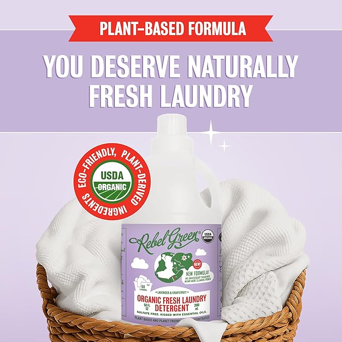 Rebel Green Organic Laundry Detergent - Natural Laundry Soap - Liquid Laundry Detergent with Dispenser Cup - Gentle Laundry Detergent - Fresh Lavender & Grapefruit Scent - 68 Load Bottles, 2 Pack