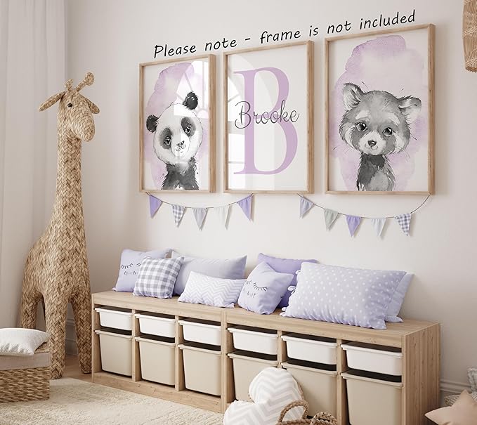 Safari Animals Set of 3 Unframed Poster Prints for Baby Girls Nursery Bedroom Playroom, Personalized Name, Choice of 12 Animals, Pink Purple (8x10)