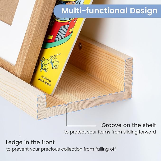 Picture Ledge Shelf for Wall, 48 inch Solid Pine Wood Nursery Book Shelves 2 Packs, Floating Ledge Shelves for Kids' Room Bedroom Bathroom Living Room Photo Frames Office Nursey Wall Decor, Natural