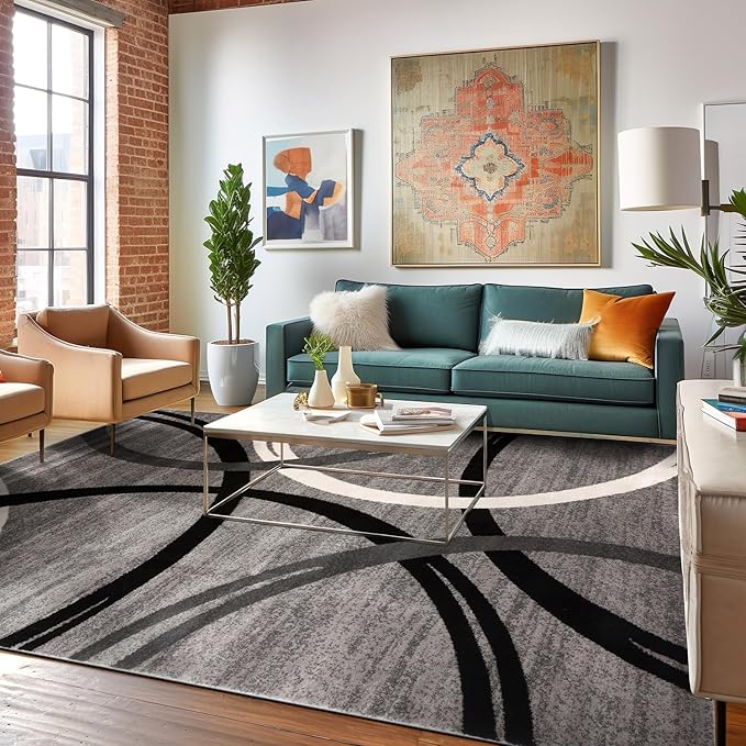 Rugshop Modern Wavy Circles Design Area Rug 8'8" x 12' Gray