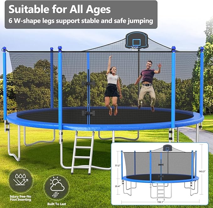 Upgraded 10/12/14/15/16FT Trampoline Outdoor, Large Kids Trampoline with Light, Stakes, Sprinkler, Backyard Trampoline with Basketball Hoop and Net, Capacity for 4-6 Kids and Adults