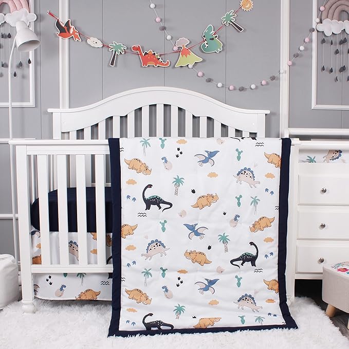 Belsden Dinosaur 3 Piece Crib Bedding Set for Baby Boys Girls, Classic Nursery Bedding Essential Including Comforter, Crib Sheet and Crib Skirt, Ultra Soft Cozy, Dino