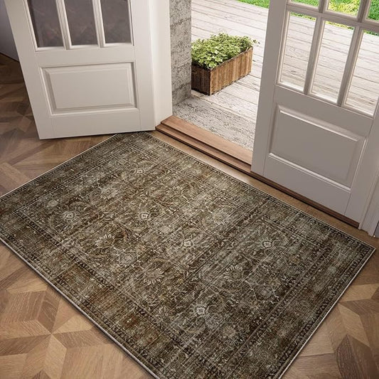 Washable 3x5 Entryway Rug Indoor, Boho Non-Slip Silicone Backing Small Rugs for Kitchen Nursery Office Bedroom, 0.3" Neutral Oriental Throw Carpet with 0.16" Cushioning Pad, Deep Brown/Multi