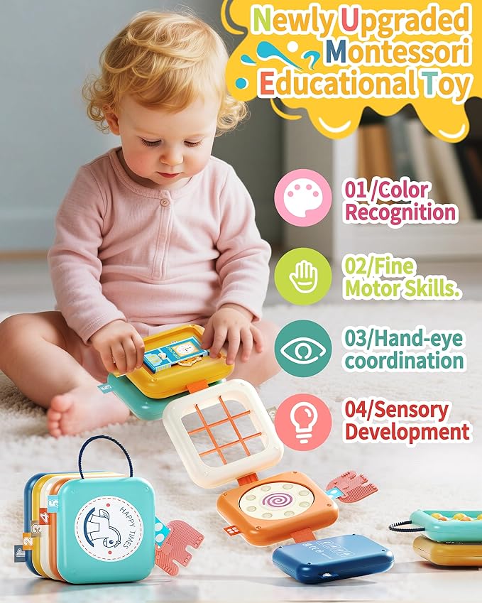 Busy Board for 1 Year Old, Travel Toys for Toddlers 1-3, 8 in 1 Montessori Activity Cube Toy for Babies in Airplane Car Stroller, Sensory Education Birthday Gifts for 1 2 Year Old Boy Girl Infant