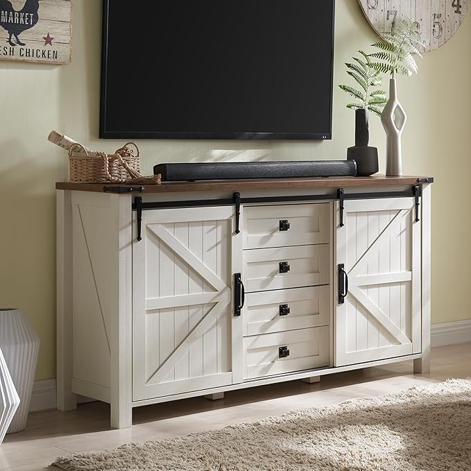 T4TREAM 60'' Farmhouse Dresser Chests for Bedroom w/4 Drawers & Sliding Barn Doors, Tall Chest of Drawers, Rustic Dresser TV Stand, Organizer for Bedroom, Living Room, Kitchen, Antique White