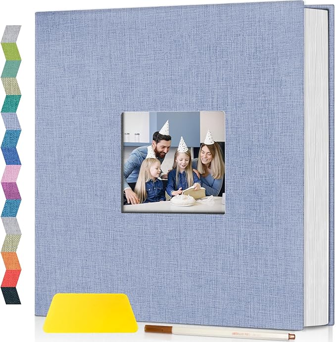 popotop Photo Album Self Adhesive with Picture Display Window,40 Pages DIY Scrapbooking Supplies Kit for 4x6 10x12 Picture,Linen Cover Memory Book for Baby Wedding, with Scraper and Metallic Pen