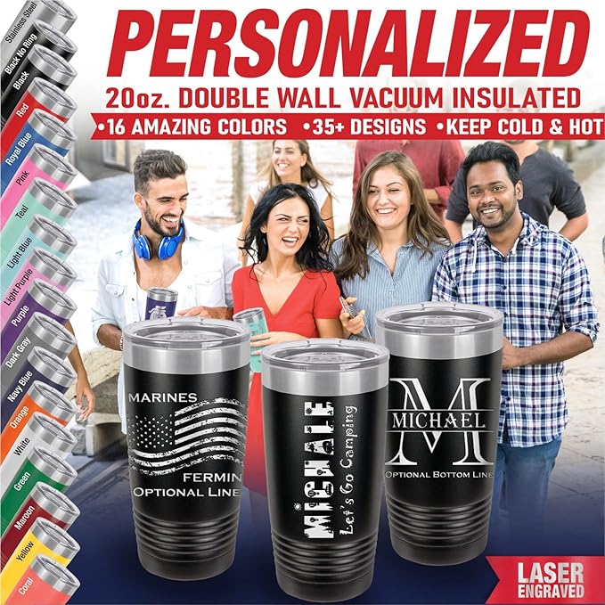 Personalized Tumblers Custom Travel Coffee Mug, Insulated Stainless Steel Cup with Spill-Resistant Lid, Optional Spill-Proof Lid and Stainless Steel Straw! Engraved in USA by iProductsUS (Black, 20oz)
