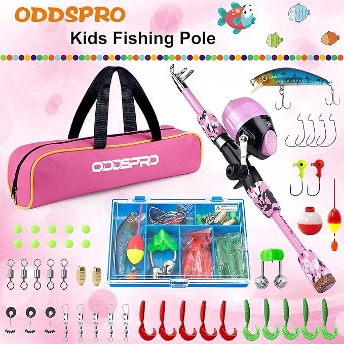 ODDSPRO Kids Fishing Pole Pink, Portable Telescopic Fishing Rod and Reel Combo Kit - with Spincast Fishing Reel Tackle Box for Girls, Youth