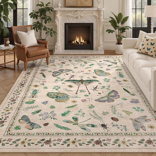 8x10 Area Rugs with Insect Print - Bug Rug Non-Shedding Stain Resistant Soft Carpet for Bedroom, Low Pile Ultra-Thin Machine Washable Carpet for Dining Room, Kids Nursery, Office (8'x10' Beige)