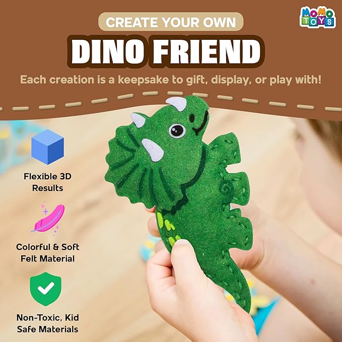MOMOTOYS Dinosaurs World Beginner Sewing Kit for Kids Ages 7+ – Includes 9 Kids Sewing Projects w/Tools & Art Supplies – DIY Felt Crafts for Girls & Boys, Gifts for 7, 8, 9, 10, 11, 12 Year Old