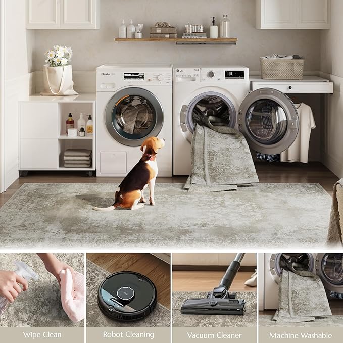 jinchan Washable Area Rug 6x9 for Living Room - Soft Faux Wool Ultra-Thin Stain Resistant Non-Slip Distressed Vintage Floral Large Carpet for Bedroom,Dining Room,Home Office,Nursery(Brown, 6'x9')