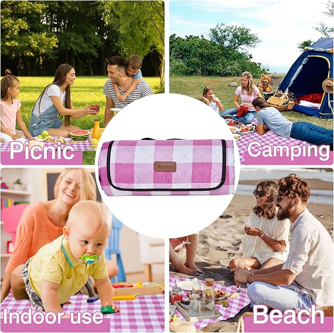 HX&OD Outdoor Picnic Blanket, Extra Large, 80''x80'' Waterproof Foldable Blankets Gingham Picnic Mat for Beach, Camping Grass Lawn Park Accessories Cute Couple Ideas Wedding (Pink, 80”x80”)
