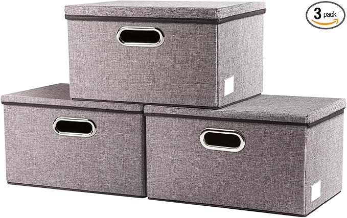 PRANDOM Storage Bins with Lids [3-Pack] Linen Fabric Foldable Storage Boxes Organizer Containers Baskets Cube with Cover for Home Bedroom Closet Office Nursery Grey（11.4X8.6X6.7