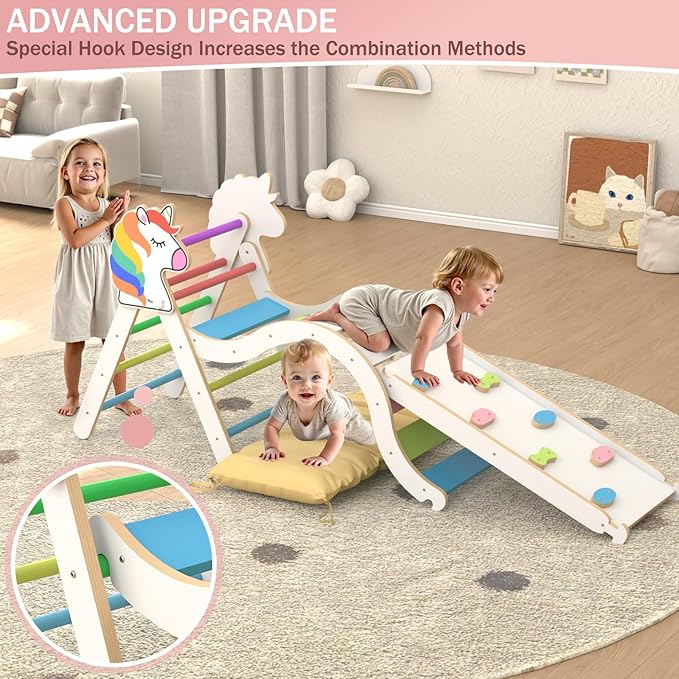 Pikler Triangle Set with Cushion, 9 in 1 Toddler Climbing Toys Indoor, Montessori Foldable Wooden Climbing Toys for Toddlers 1-3 Inside，Pikler Triangle Set Jungle Gyms Playground for Children