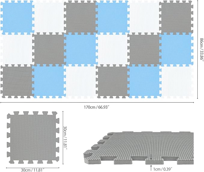 qqpp EVA Rubber 18 Tiles Interlocking Puzzle Foam Floor Mats - Baby Play Mat for Playing | Exercise Mat for Home Workout. White, Blue, Gray. QC-AGLb18N