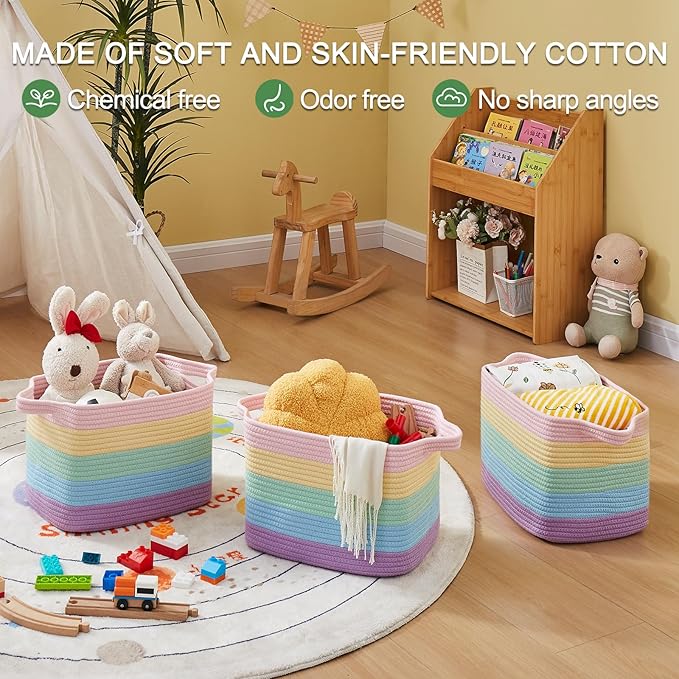 OIAHOMY Storage Basket, Woven Baskets for Storage, Cotton Rope Basket for toys,Towel Baskets for Bathroom - Pack of 3, Rainbow Pastel