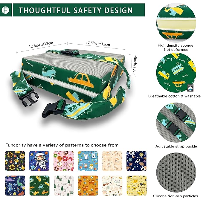 Toddler Booster Seat for Dining Table, Portable Booster Seat for Kitchen Chair, 4 Inch High-Density Foam Cushion with Adjustable Safety Straps and Non-Slip Bottom, Perfect for Kids Travel and Daily