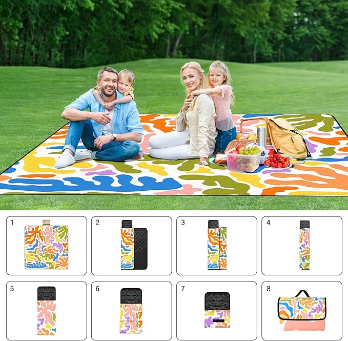 Picnic Blankets Sandproof Waterproof, Extra Large 79''x79'' Foldable & Portable Beach Blanket, 3-Layer Fabric Outdoor Mat for Family Camping, Park, Travel, Grass Lawn, outdoor-Tropical Color Splash