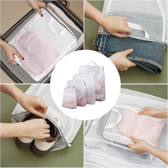 GWT 4Pcs 3D Mesh Laundry Bags with Hanging Handles (S/M/L/XL) - Durable Zippered Wash Bags for Delicates, Shoes & Bulk Clothes - Space-Saving Foldable Design