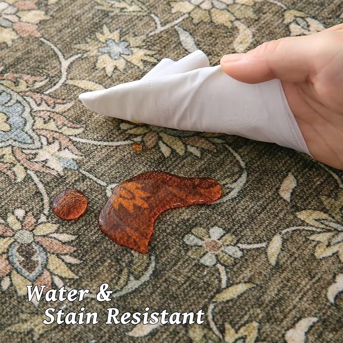 Washable 8x10 Area Rugs for Living Room, Boho Non-Slip Silicone Backing Rugs for Bedroom Dining Room Nursery Office, 0.3" Neutral Oriental Throw Carpet with 0.16" Cushioning Pad, Flaxen/Multi