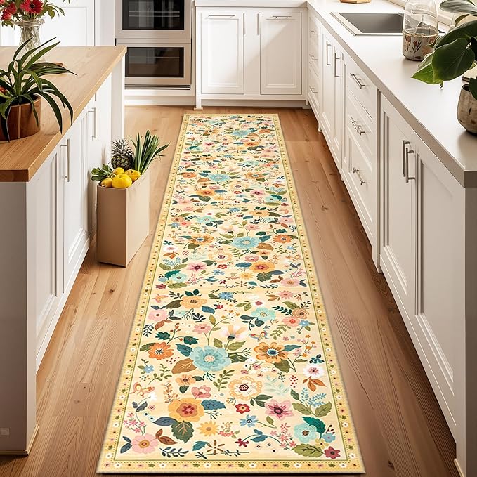 Floral 2x10 Area Rug Machine Washable Soft Print Boho Carpet Non Slip Doormat Low Pile Flower Area Rugs for Living Room Bedroom Nursery Kitchen Dining Room Indoor-Ivory/Yellow